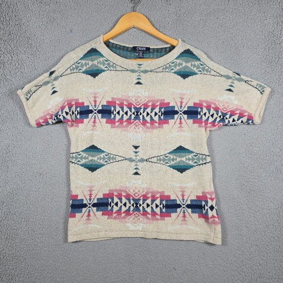 Chaps Sweater Womens Size S Tribal Dolman Short Sleeved Aztec Print Southwestern - Picture 1 of 10